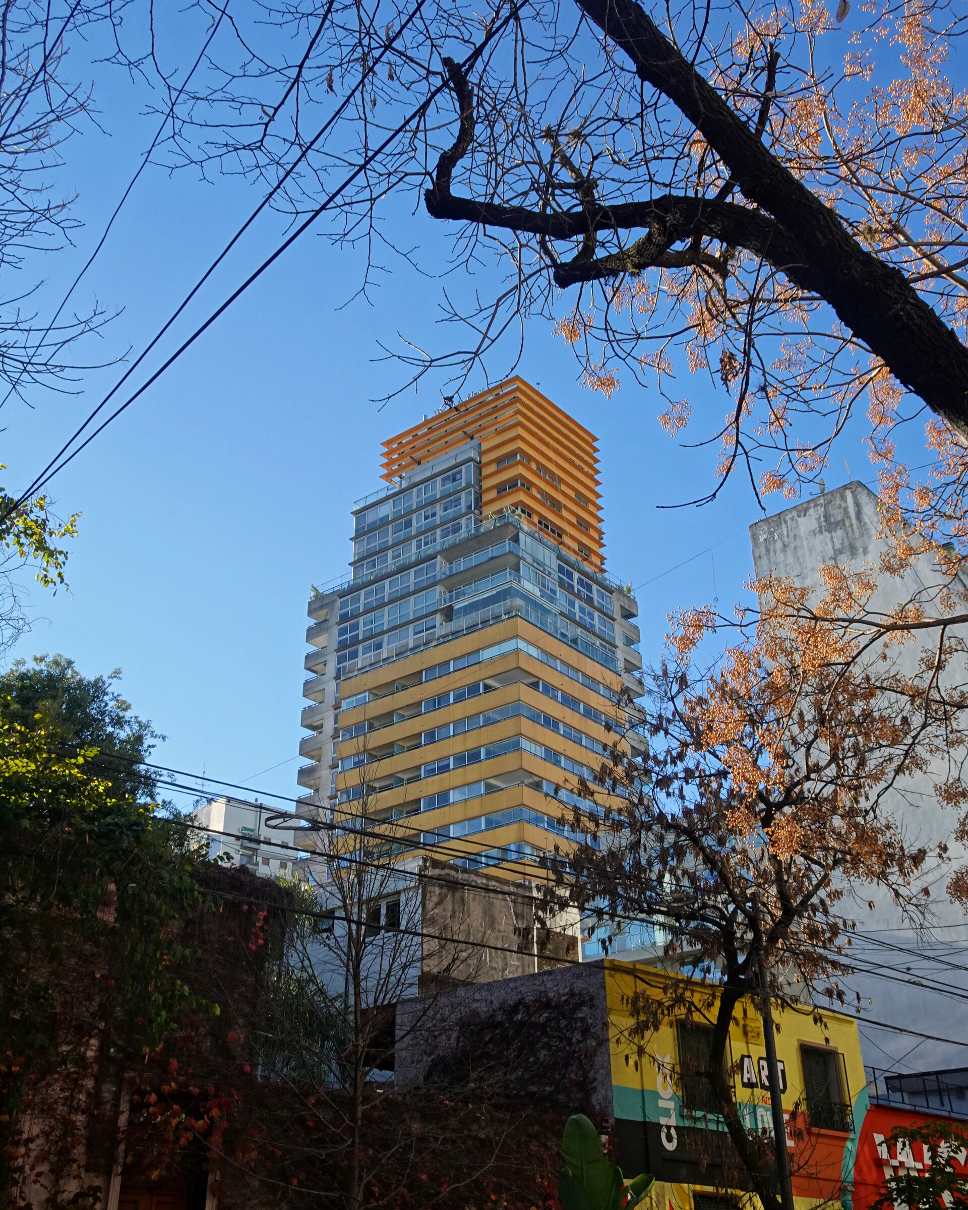 A stepped modern apartment tower framed by bare branches