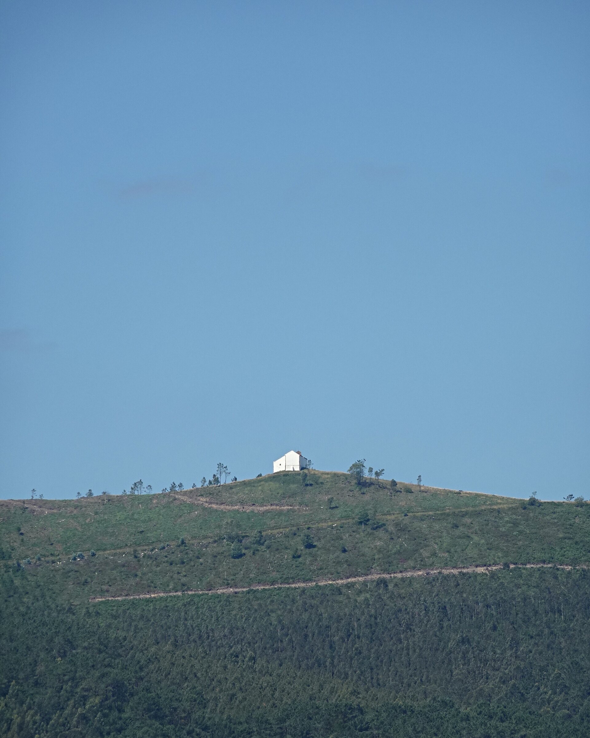 A lone white building on a forested ridge against a clear sky