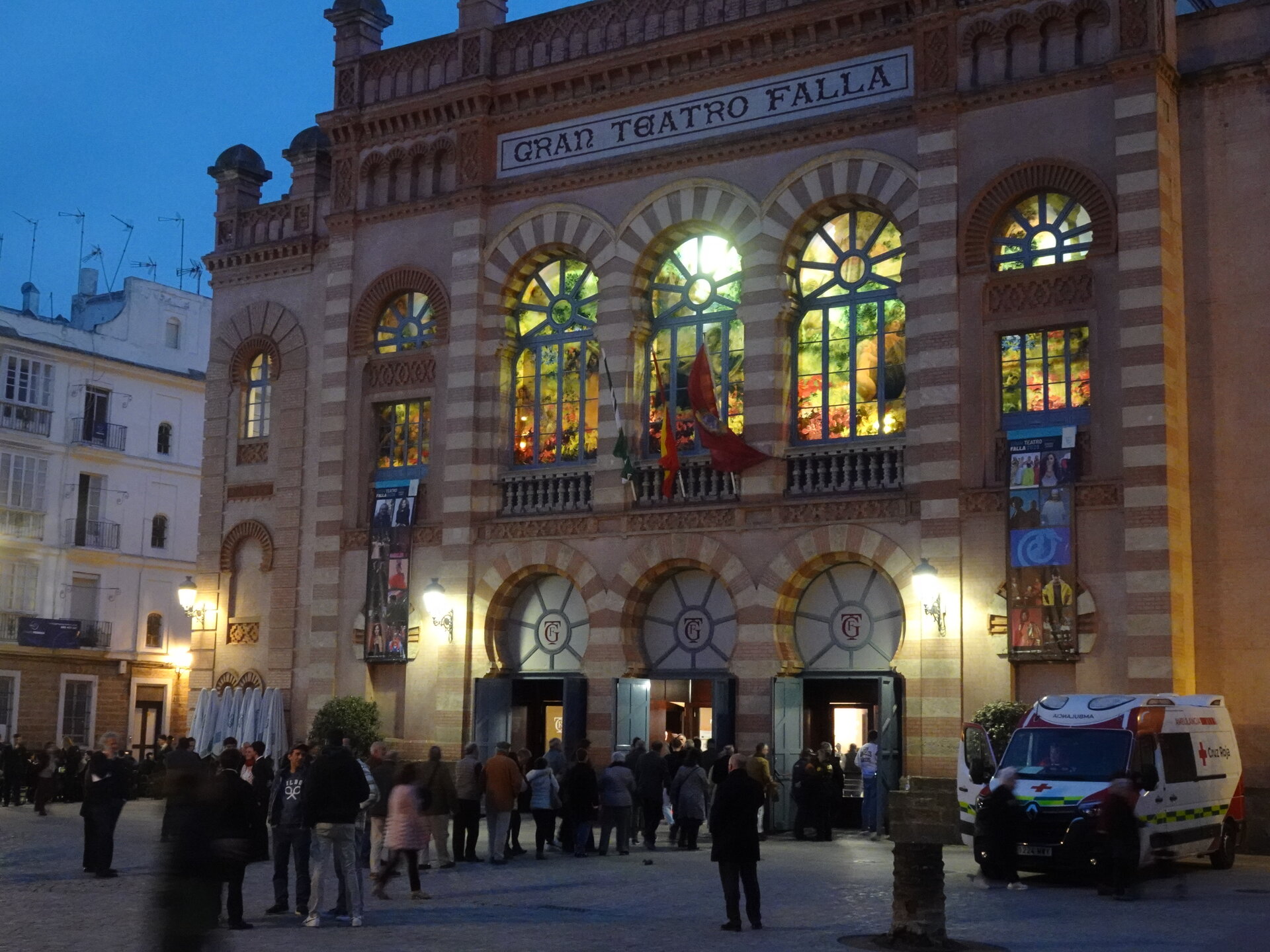Gran Teatro Falla illuminated at night with glowing windows