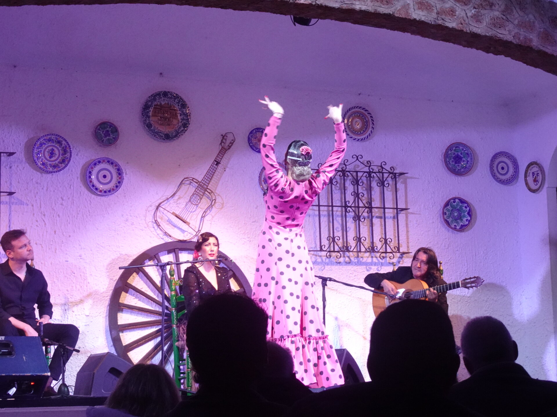 Flamenco dancer in polka dot dress performing on stage