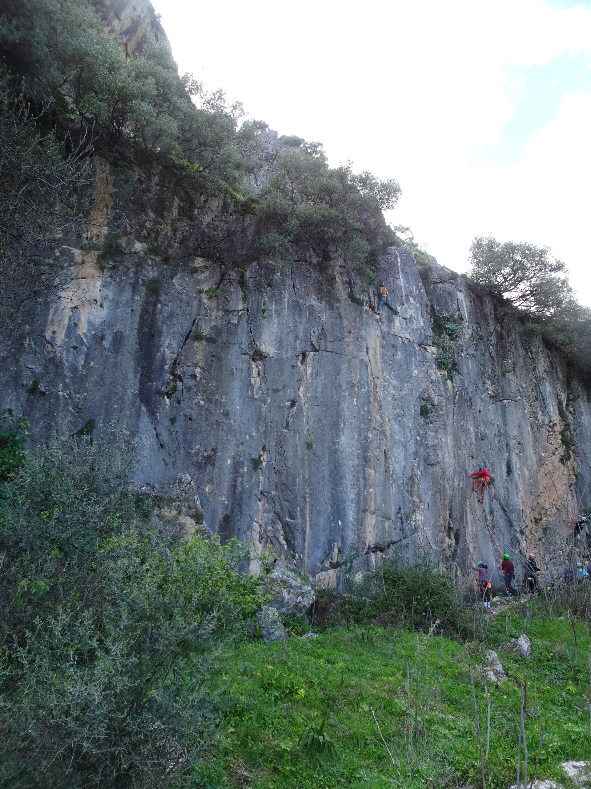 Rock climbers on a tall grey limestone cliff face