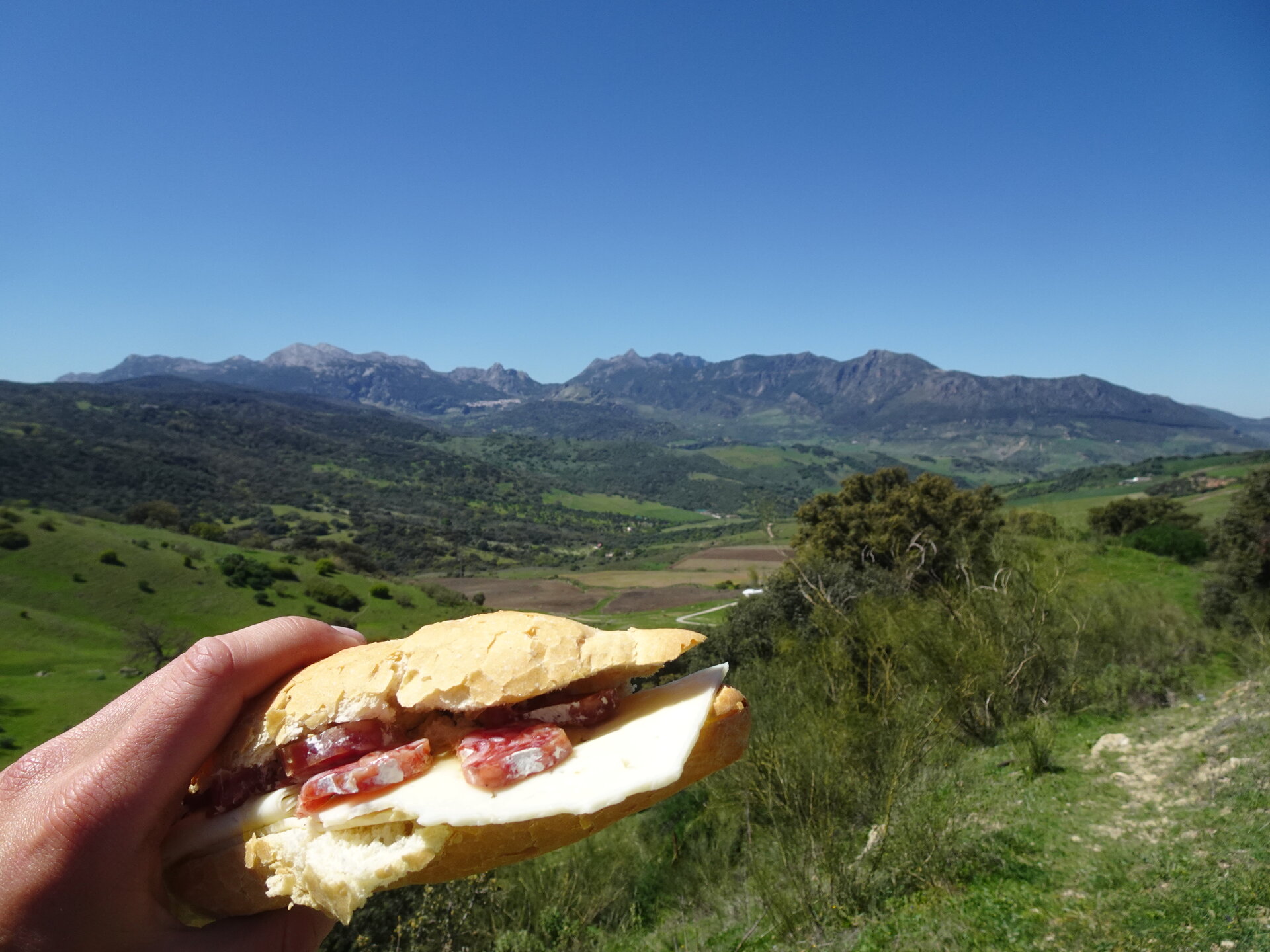 Bocadillo held up against a mountain panorama