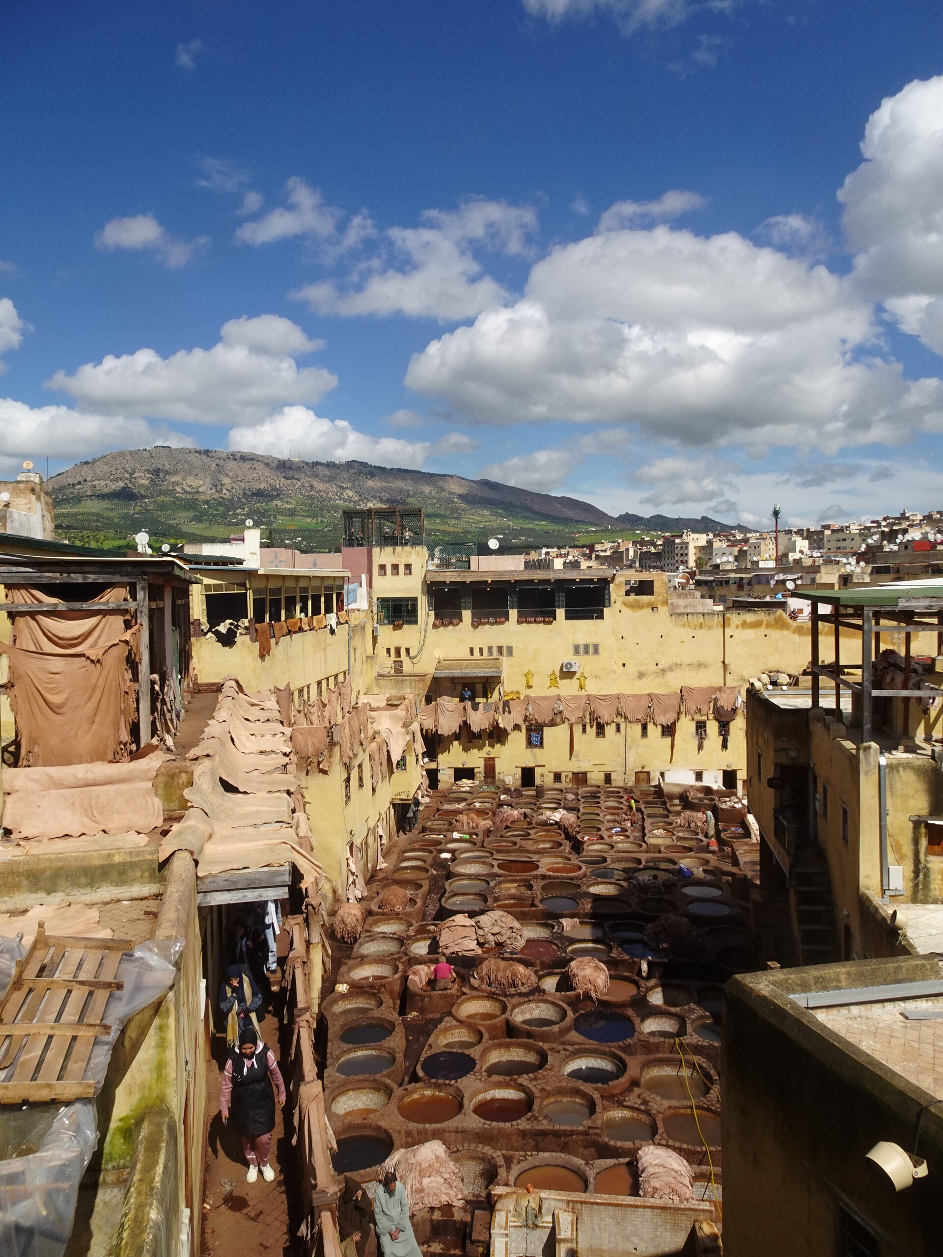 Leather tannery vats seen from above with hides drying on surrounding walls