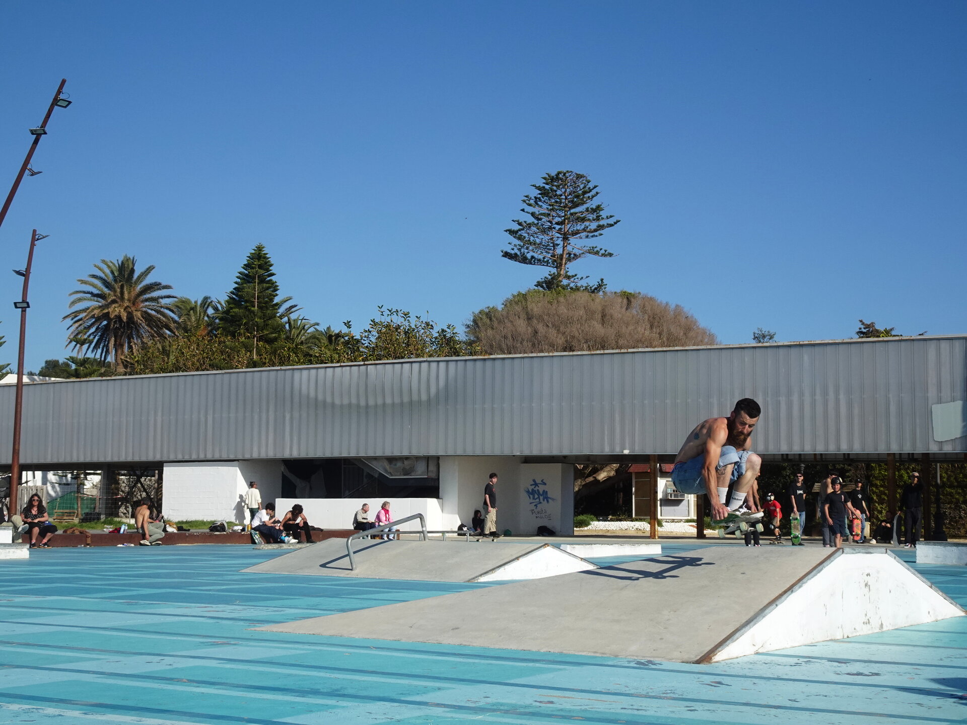 A skateboarder dropping in on a ramp at a seaside skatepark