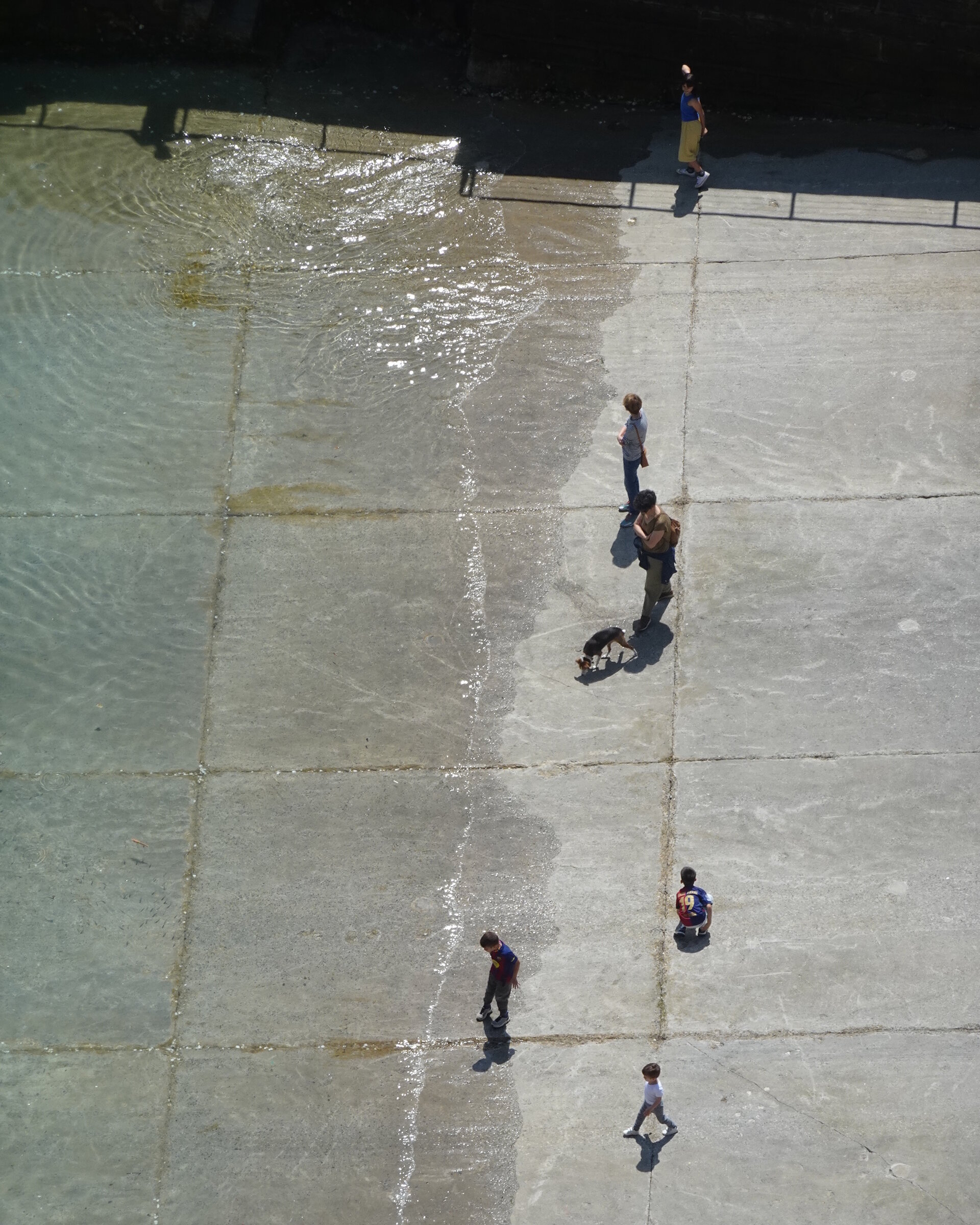 Long shadows of people walking across a sunlit wet harbour plaza