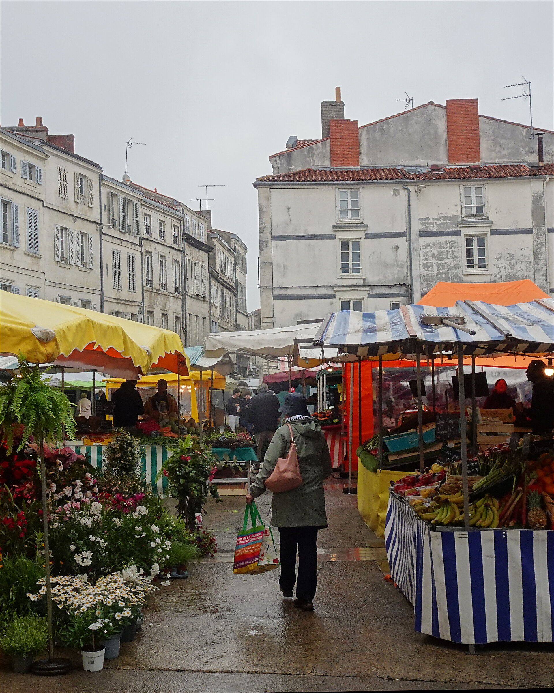 A shopper walking down the aisle of a covered market on a rainy day