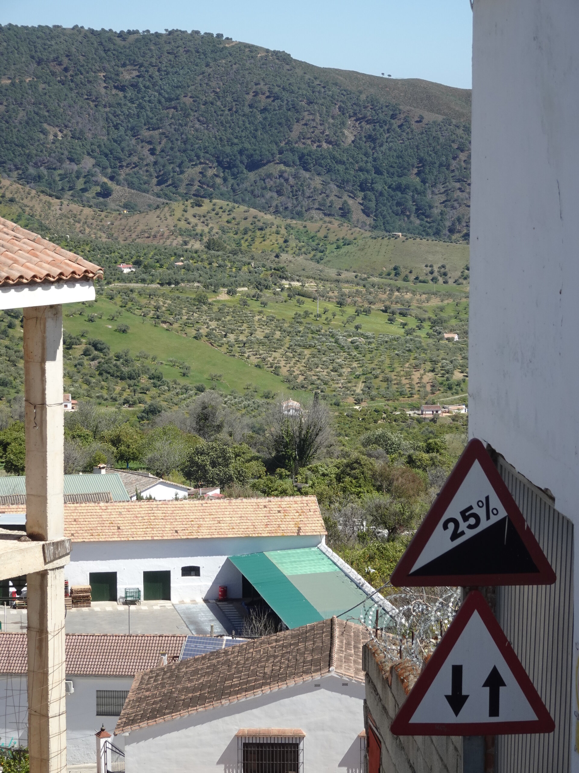 25% gradient warning sign with green hills behind