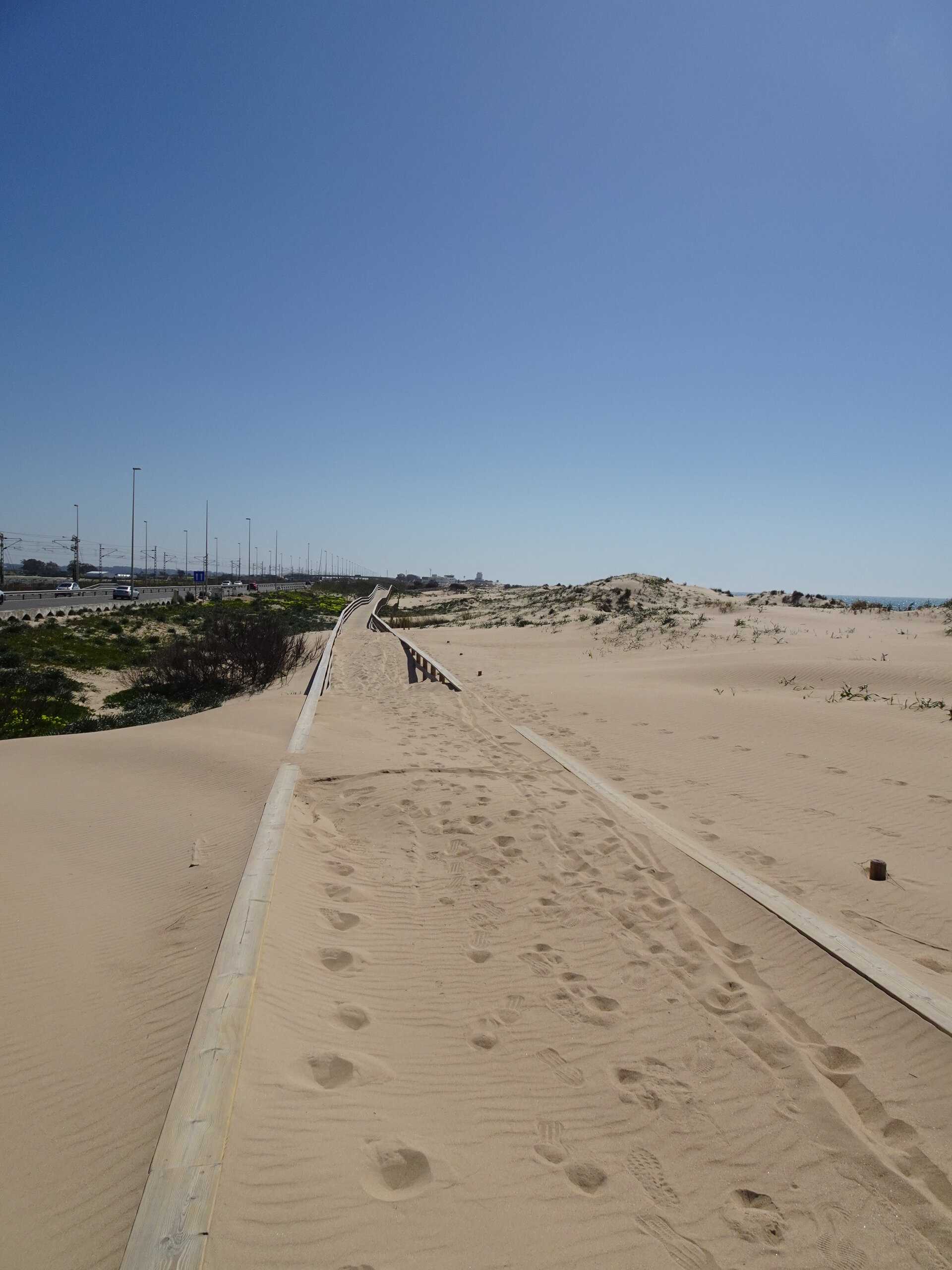 Sandy boardwalk stretching through dunes under clear blue sky