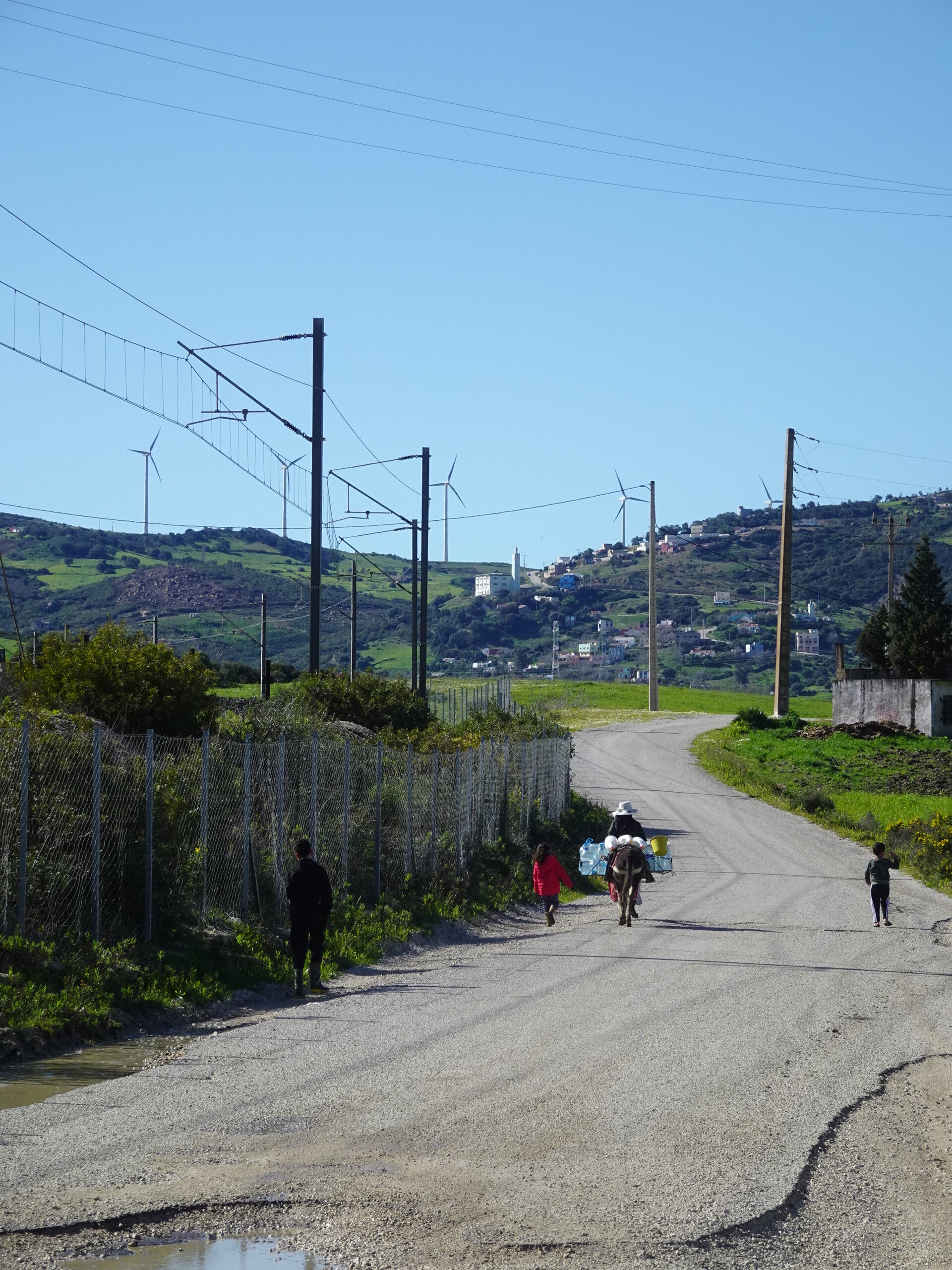 People and a loaded donkey walking up a rural road with wind turbines