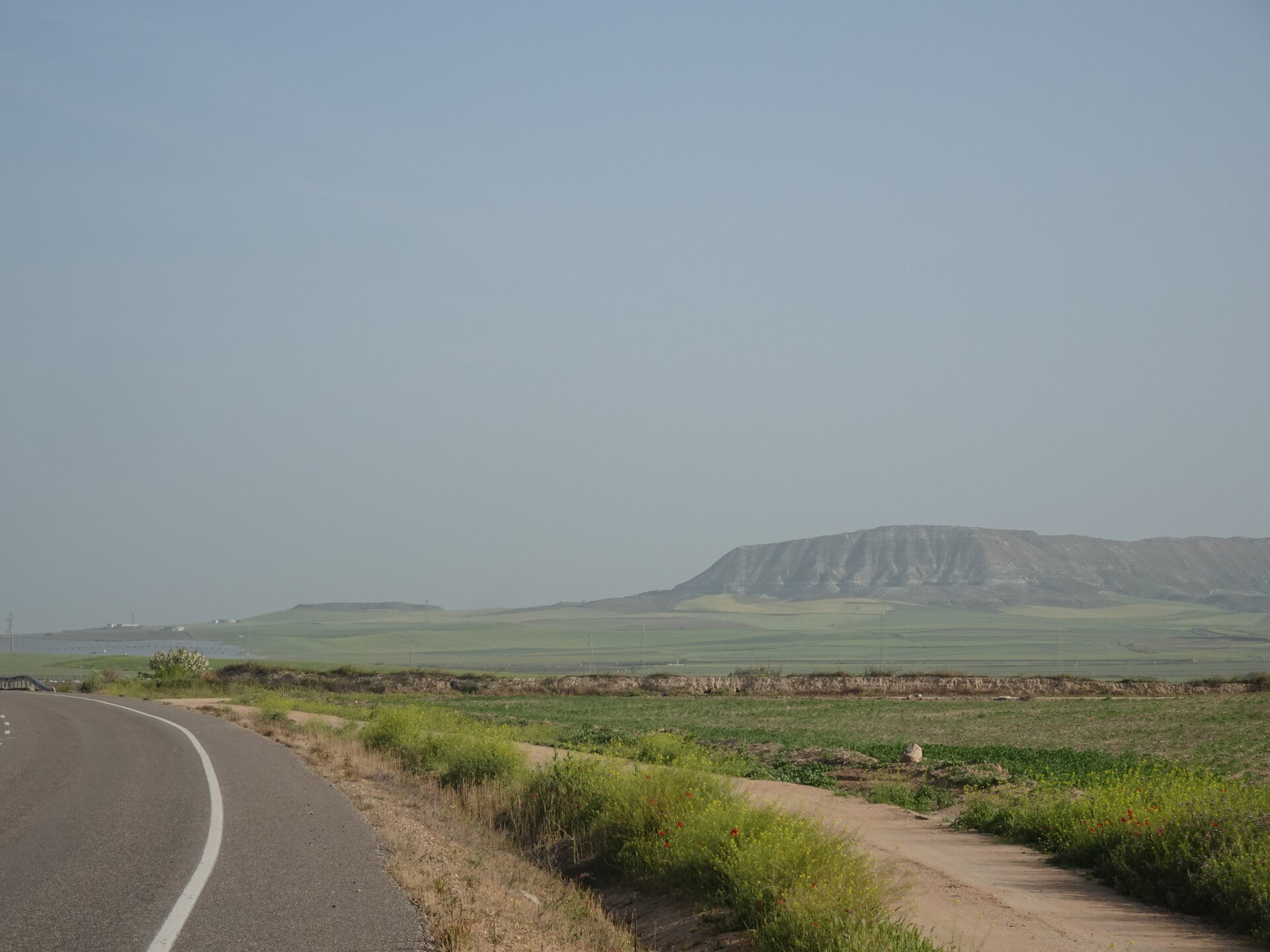 Empty road curving past green farmland with a long flat topped mesa in the haze
